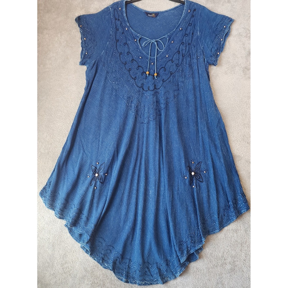 Riviera Sun Dress Womens XLarge Blue Embroidered Bead Accent Boho Hippie Midi